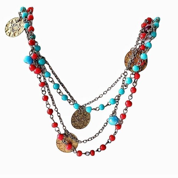 Vintage ethnic boho red & turquoise glass bead  gold coin chain necklace. 15.5” - Picture 4 of 7
